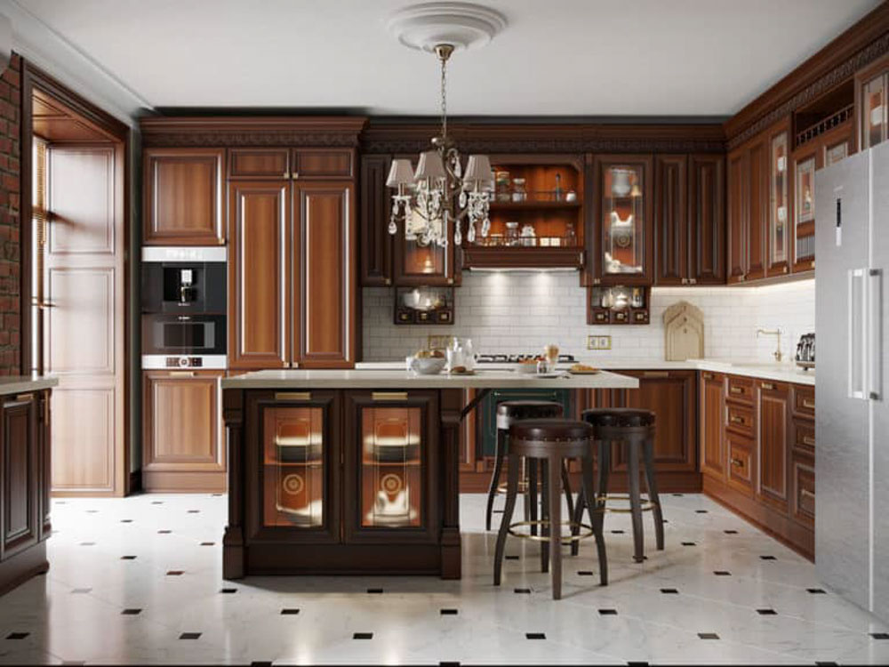 Thiết kế phòng bếp tiện nghi với màu nâu gỗ tinh tế