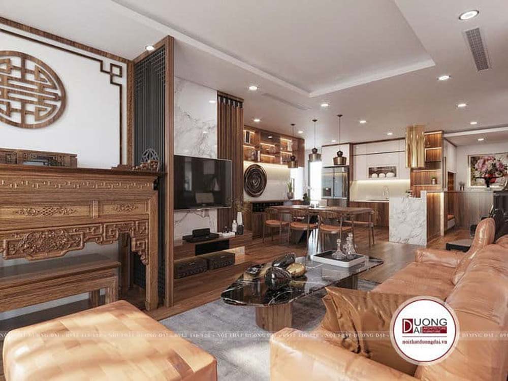 Phòng khách rất đầy đủ tiện nghi với phòng bếp gỗ tự nhiên cao cấp