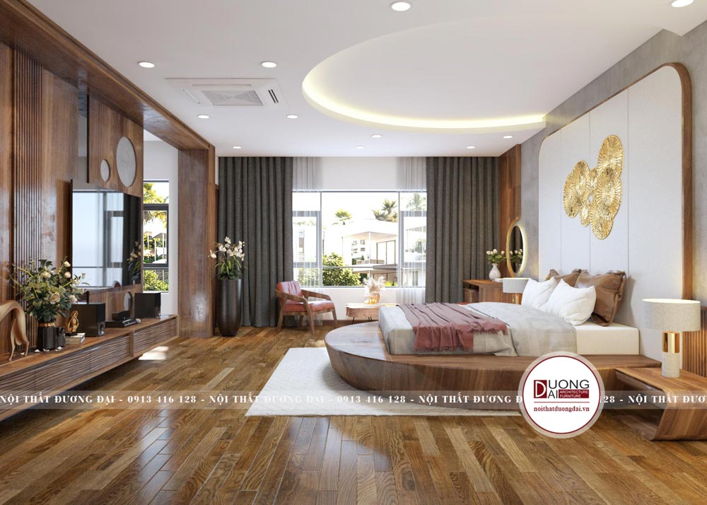 Phòng ngủ được thiết kế đẳng cấp và sang trọng với gỗ óc chó