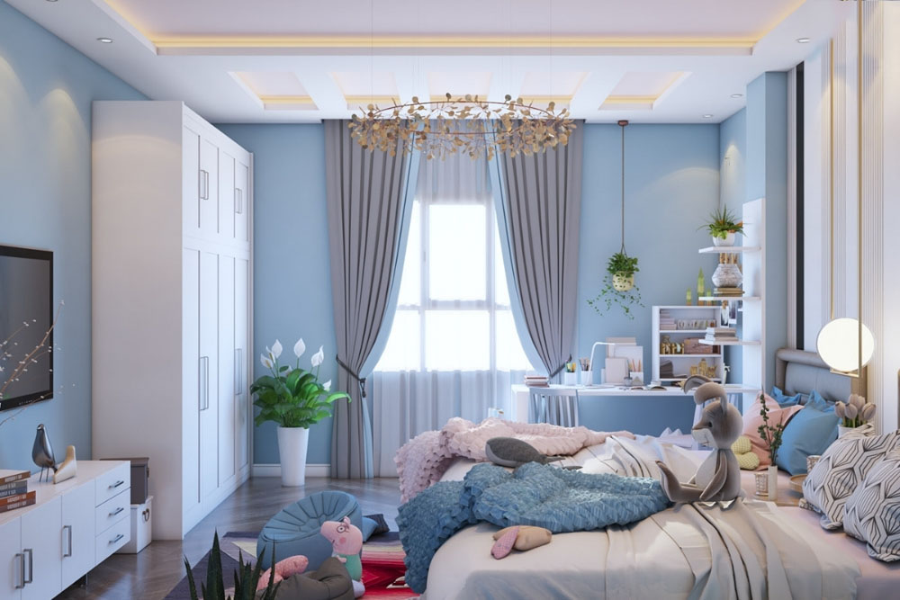 Mẫu phòng ngủ màu xanh nhẹ nhàng dành cho bé gái thích sự đơn giản