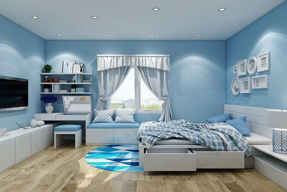 Phòng ngủ màu xanh nước biển dành cho người lớn với gam màu trầm ấm