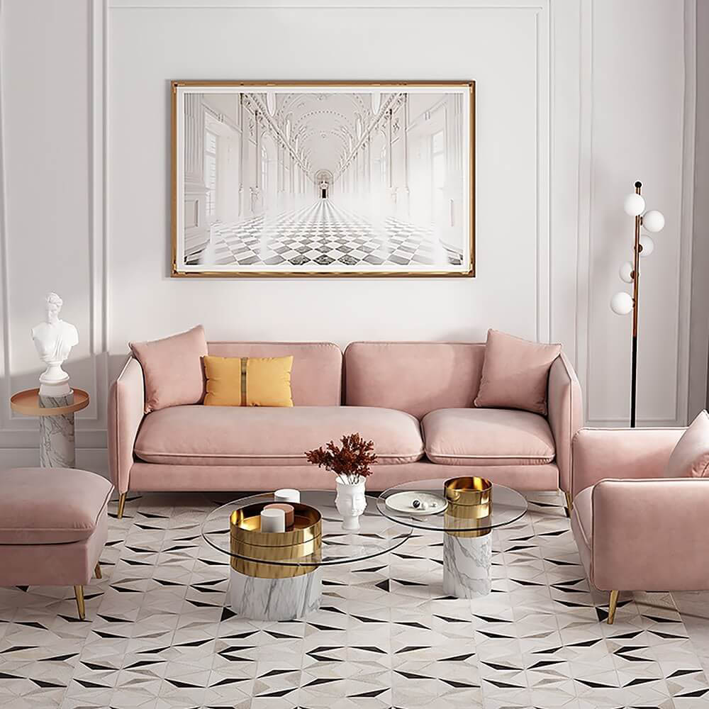 trang trí đồ nội thất màu hồng cho phòng khách