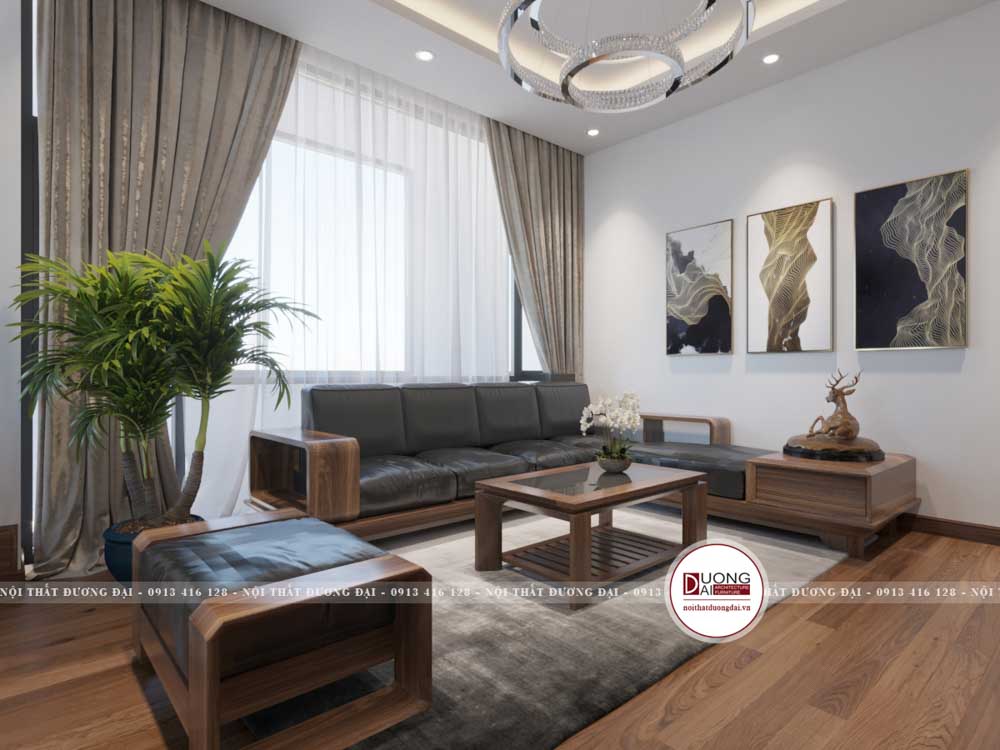 Bộ sofa gỗ tự nhiên được thiết kế tỉ mỉ và chi tiết trong phòng khách anh Sự
