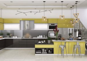 Nếu bạn thích căn bếp nhà mình có sự sáng bóng và sang trọng thì có thể chọn kiểu tủ bếp màu vàng bóng.