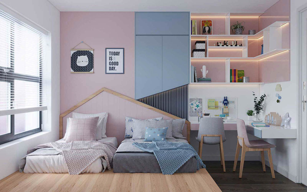 Phòng ngủ đôi cho 2 bé gái màu hồng xanh tươi mát
