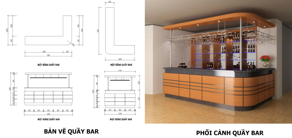 Mẫu bản vẽ chi tiết để khách hàng dễ dàng hình dung ra quầy bar