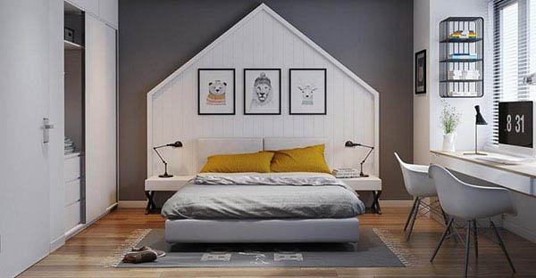 Mẫu phòng ngủ ấn tượng với tông màu trắng xám