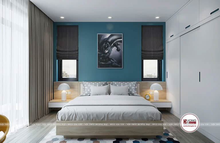 Phòng ngủ với gam màu xanh lam cùng những hình ảnh ngộ nghĩnh