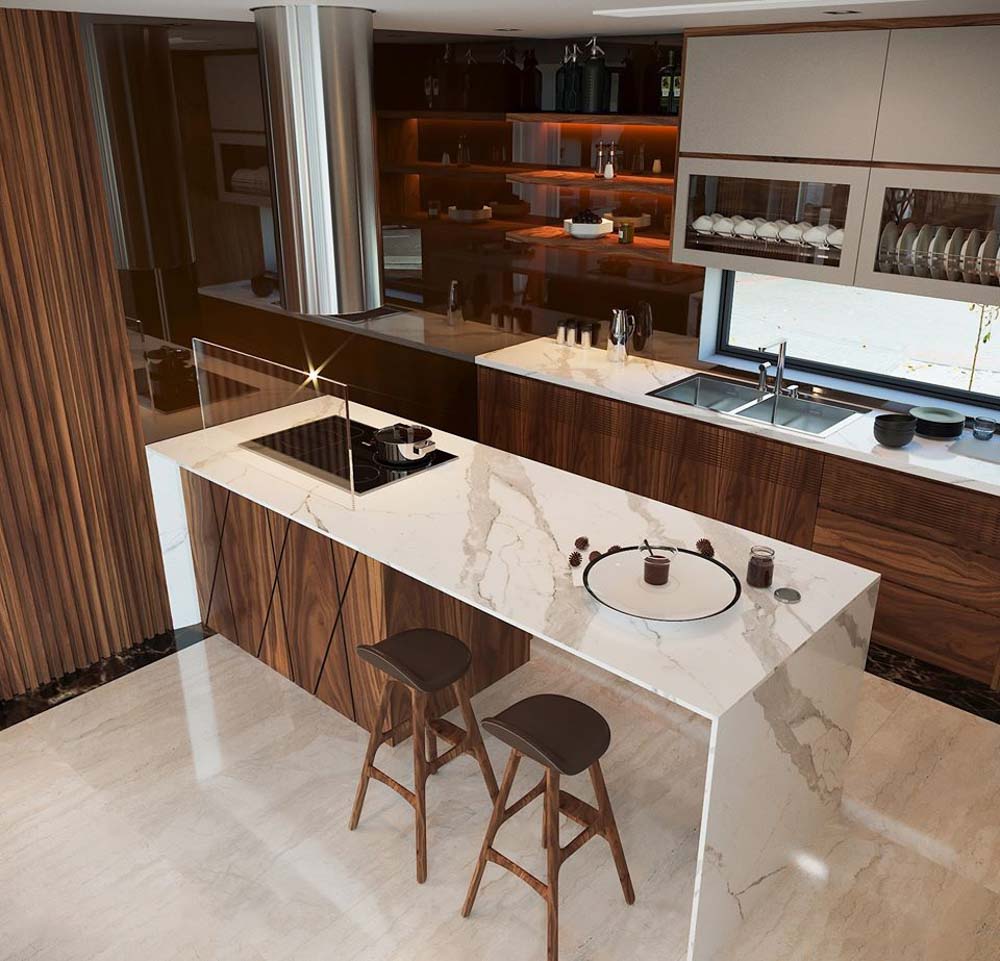 Không gian quầy bar bếp chung cư đơn giản với chất liệu bằng đá