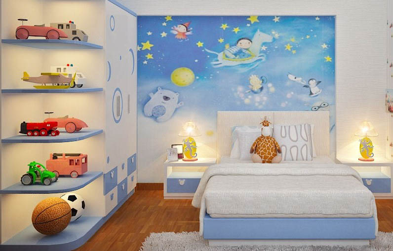 Hình họa dễ thương đặc trưng không gian phòng ngủ của bé trai