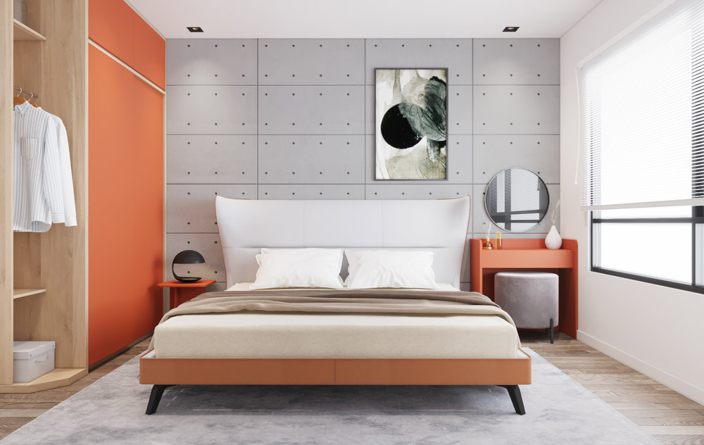đồ nội thất với các gam màu cam có sắc độ khác nhau tạo nên sự thú vị trong mẫu phòng ngủ này