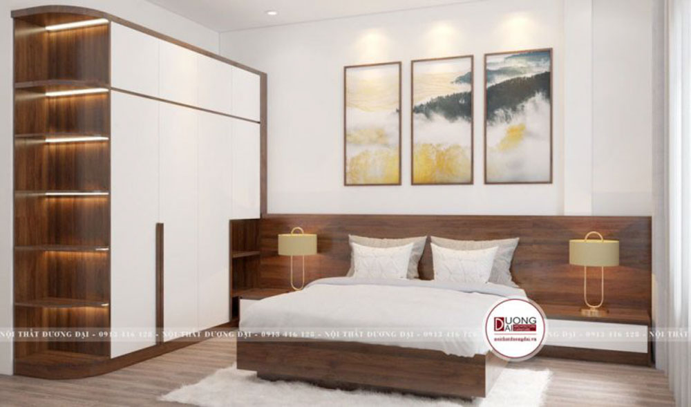 Phòng ngủ tiện nghi với nội thất gỗ Melamine màu trắng – nâu