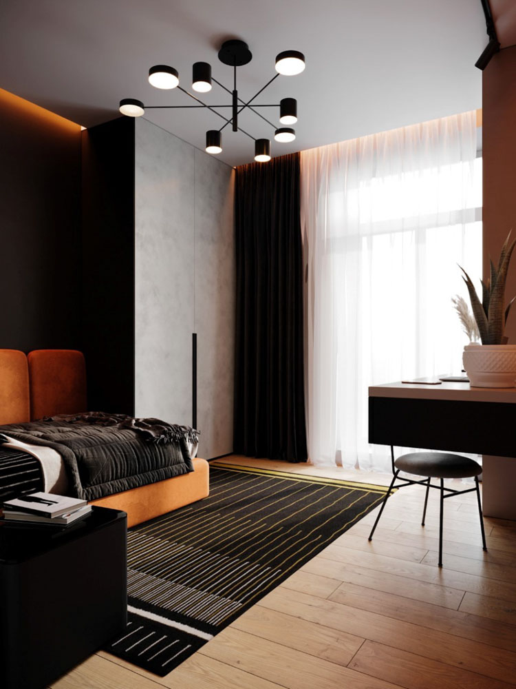 Phối nội thất màu cam cùng gam màu đen cá tính cho không gian phòng ngủ