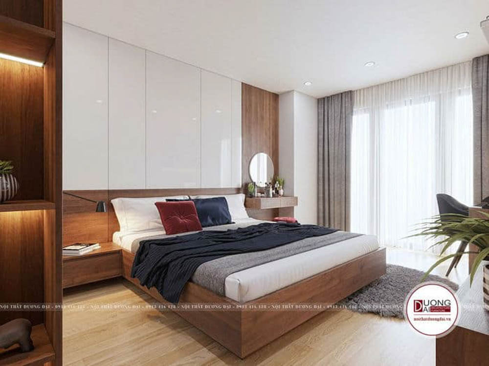 Mẫu phòng ngủ đẹp với nội thất gỗ đặt cạnh ban công