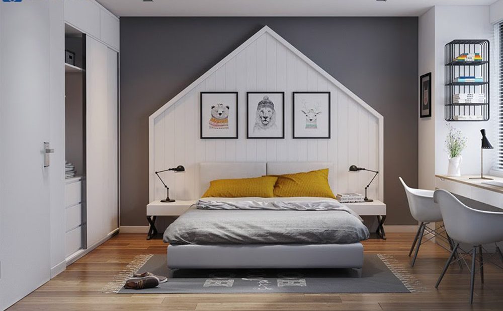 Phòng ngủ kiểu Mỹ được trang trí bằng những bức tranh sinh động