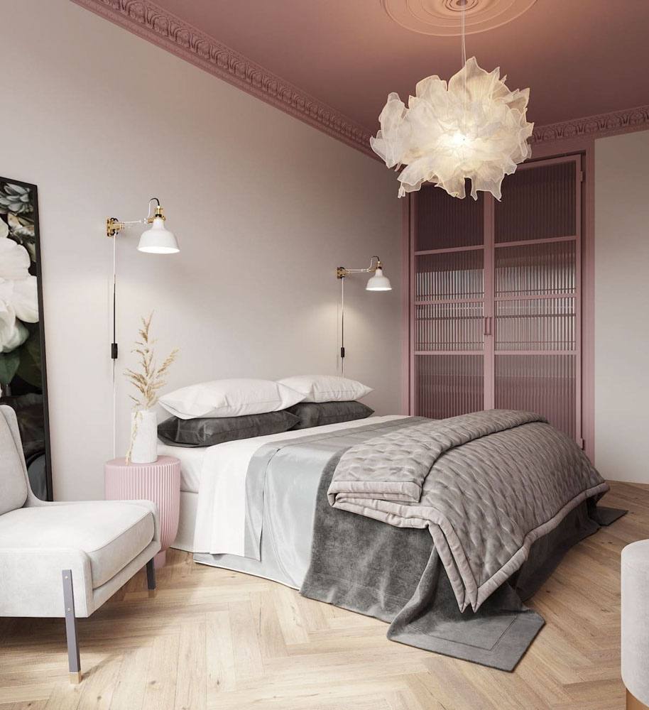 phòng ngủ màu be kết hợp màu hồng