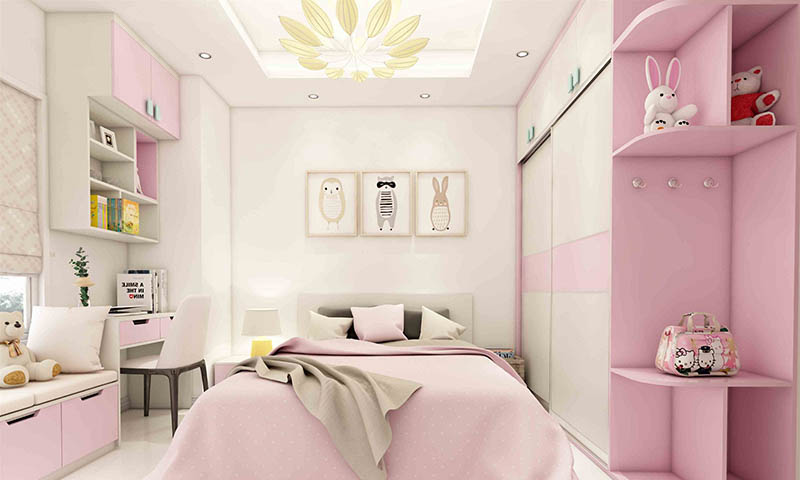 Mẫu phòng ngủ cho bé gái 13 tuổi với tông màu trắng hồng dễ thương