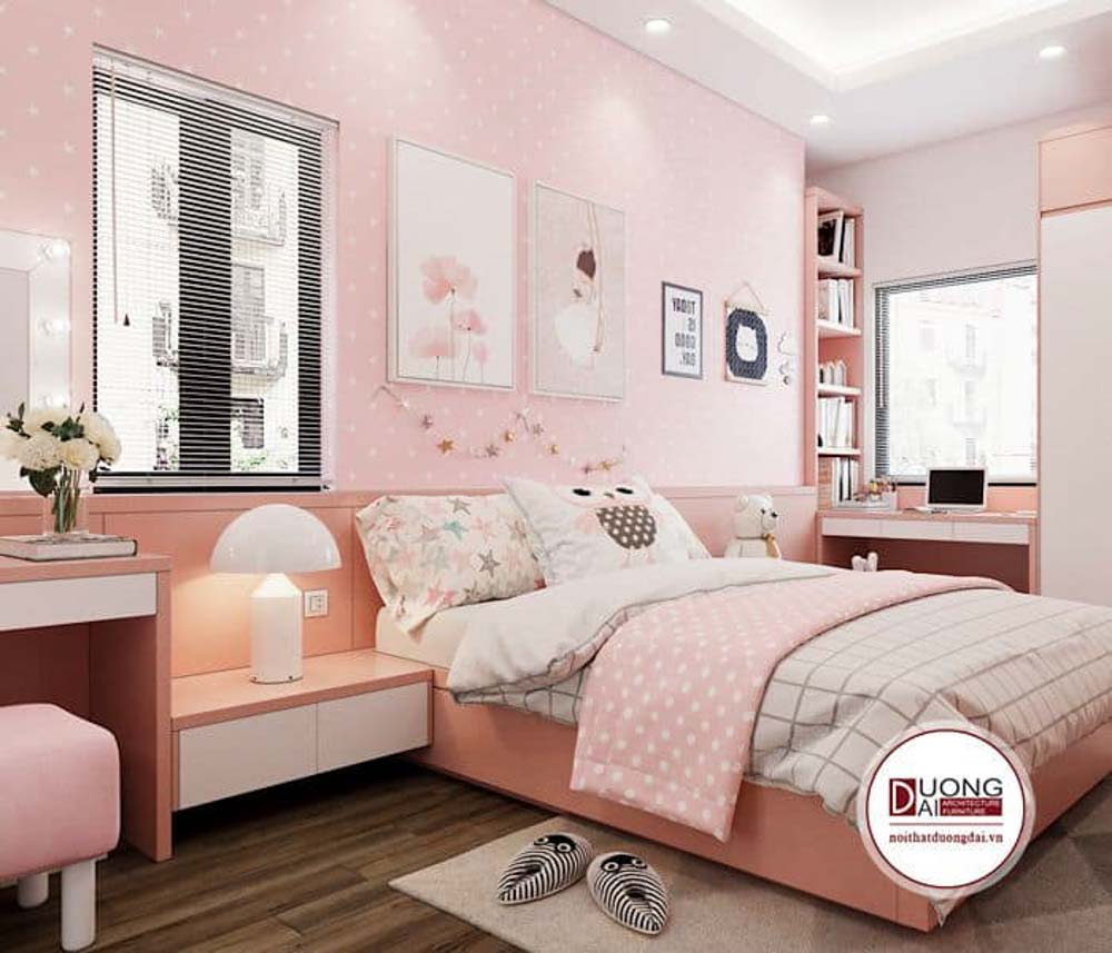 Phòng ngủ bé gái 15 tuổi siêu đáng yêu với gam màu hồng