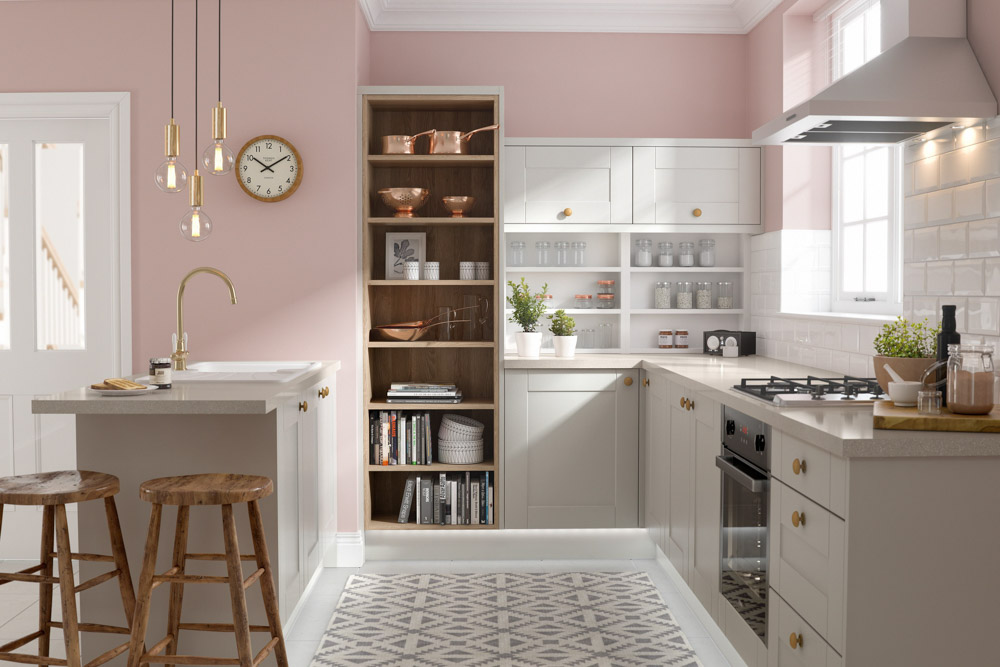 Căn bếp sử dụng sơn tường màu hồng hài hòa và nhẹ nhàng