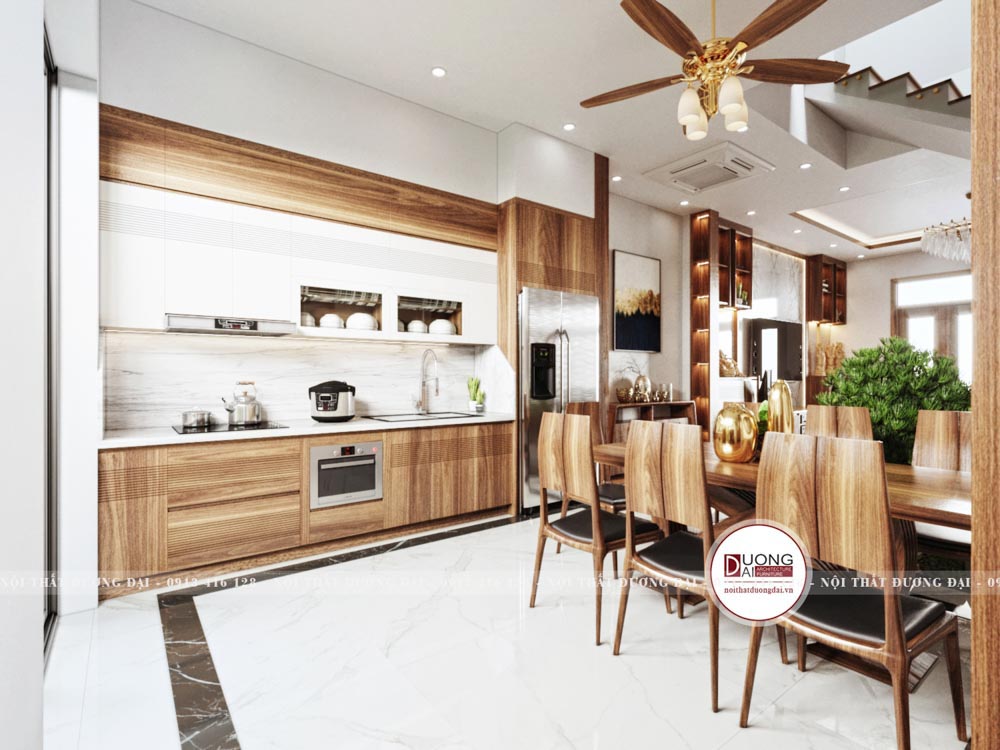 Không gian căn bếp hiện đại với chất liệu gỗ cao cấp