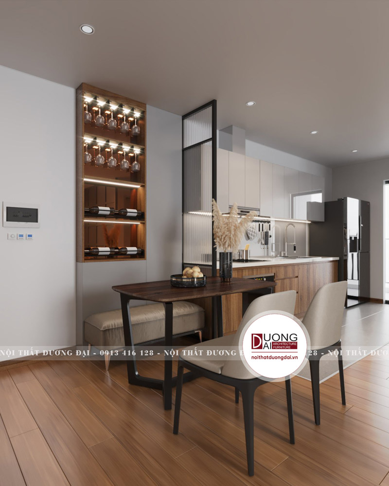 Khu vực bếp nối liền với phòng khách và được thiết kế một cách gọn nhẹ nhất có thể
