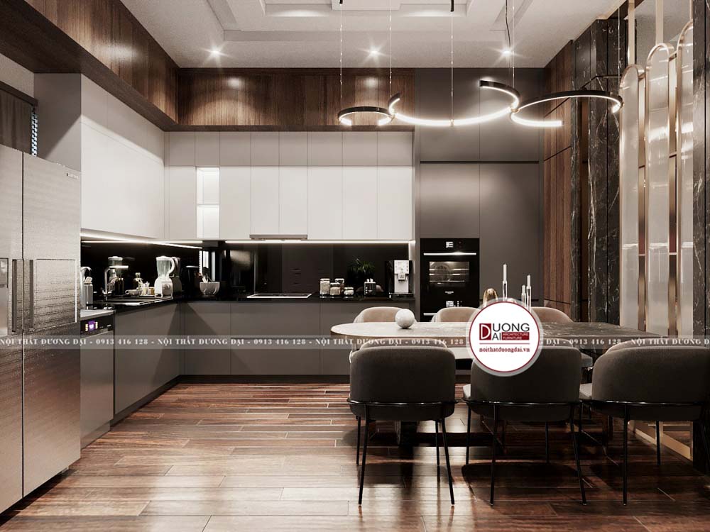 Mẫu thiết kế phòng bếp hiện đại với gam màu tối cho nhà ống ở Sơn La