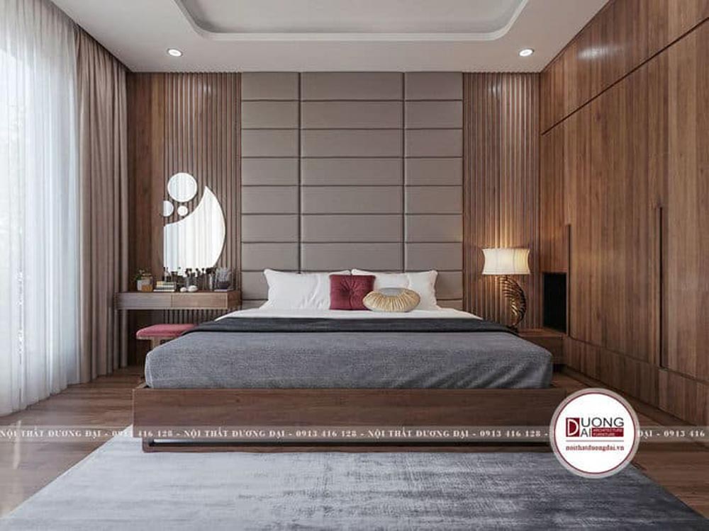 Chất liệu gỗ tạo nên vẻ đẹp sang trọng cho phòng ngủ.