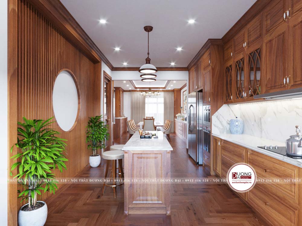 Phòng bếp và tủ bếp tone gỗ tự nhiên gõ đỏ cho biệt thự