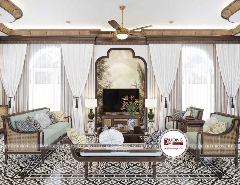 Phong cách Indochine được sử dụng cho không gian phòng khách được gia chủ ưng ý vô cùng