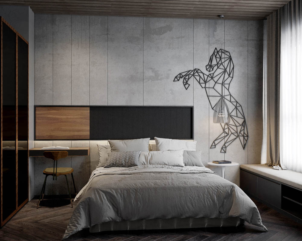 Vật liệu tường phòng ngủ được làm từ gạch lát gỗ đơn giản nhưng không kém phần sang trọng