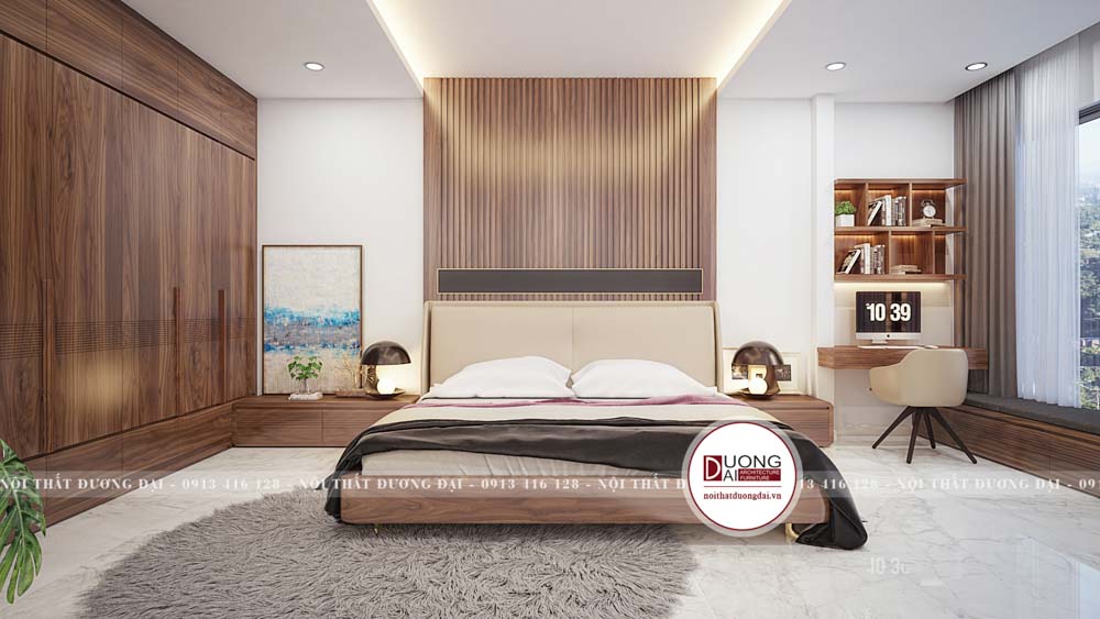 Dự án phòng ngủ phong cách hiện đại có giường bọc da nhà anh Tráng