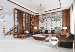 Mẫu thiết kế phòng khách gỗ óc chó biệt thự nhà anh Tú ở Bắc Ninh