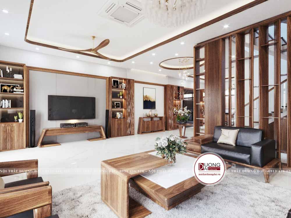 Mẫu thiết kế phòng khách gỗ óc chó biệt thự nhà anh Tú ở Bắc Ninh