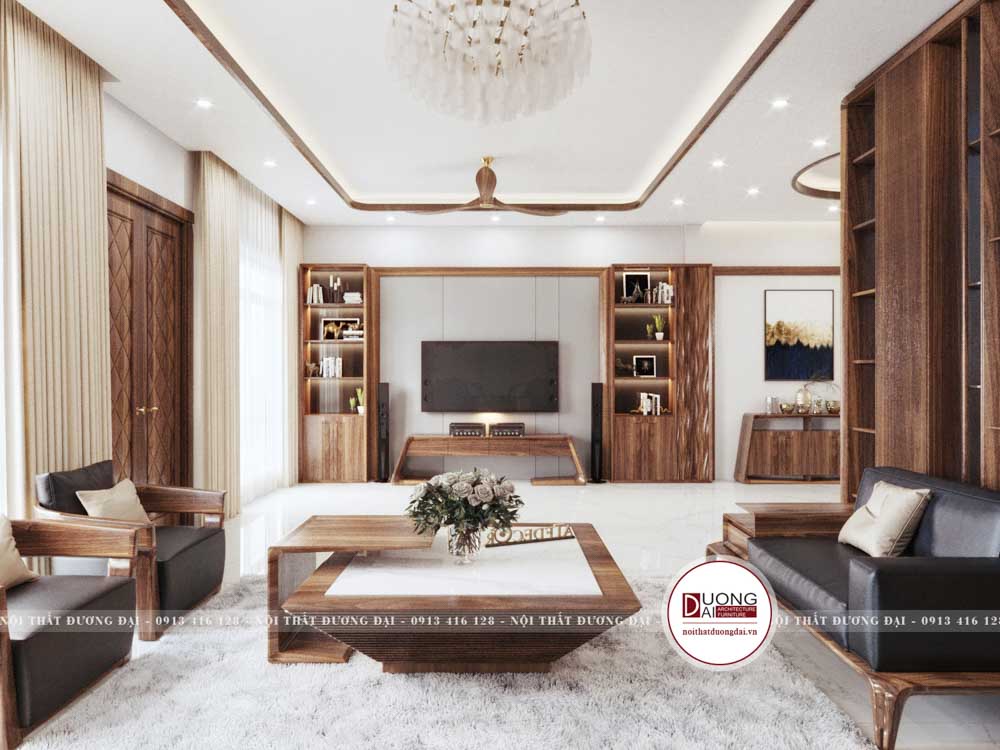 Mẫu thiết kế phòng khách gỗ óc chó biệt thự nhà anh Tú ở Bắc Ninh