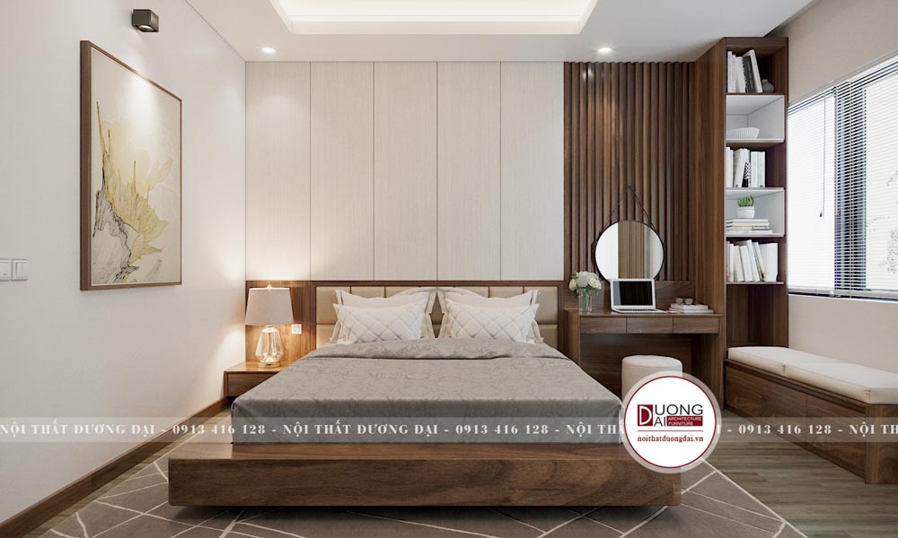 Mẫu thiết kế phòng ngủ đẹp và cao cấp làm bằng gỗ óc chó nhà anh Tường