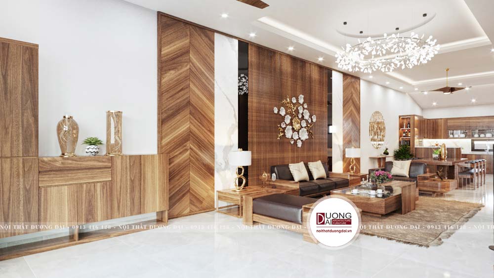Phòng khách kết hợp chất liệu gỗ óc chó và gỗ