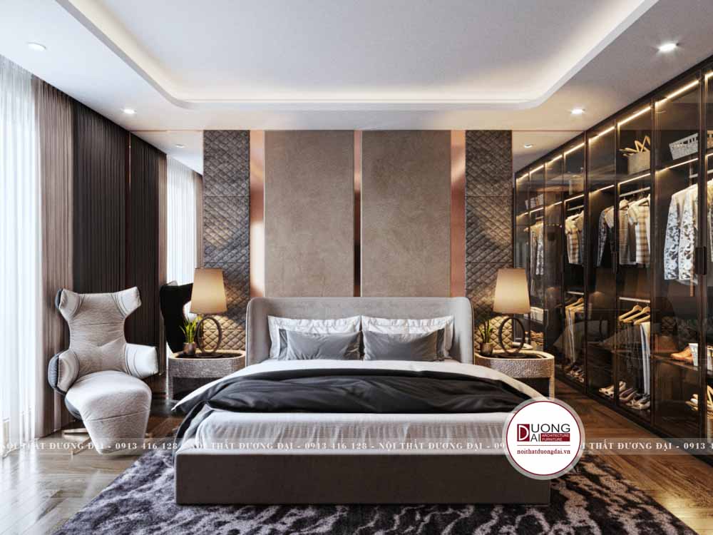 Phòng ngủ theo phong cách hiện đại có tủ kính lớn độc đáo