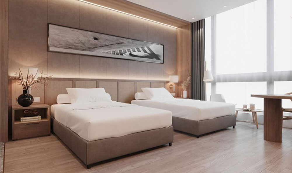 Thiết kế giường đôi trong căn phòng siêu đẹp nhìn ra biển