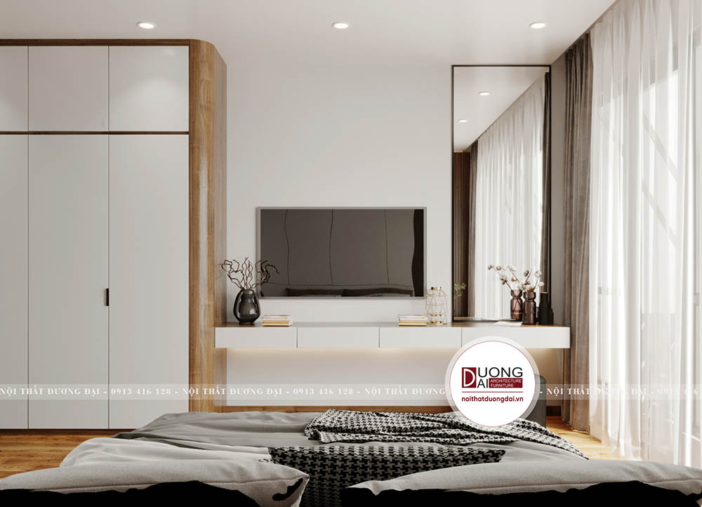 Kệ tivi kết hợp bàn trang điểm đa năng tối ưu cho phòng ngủ.