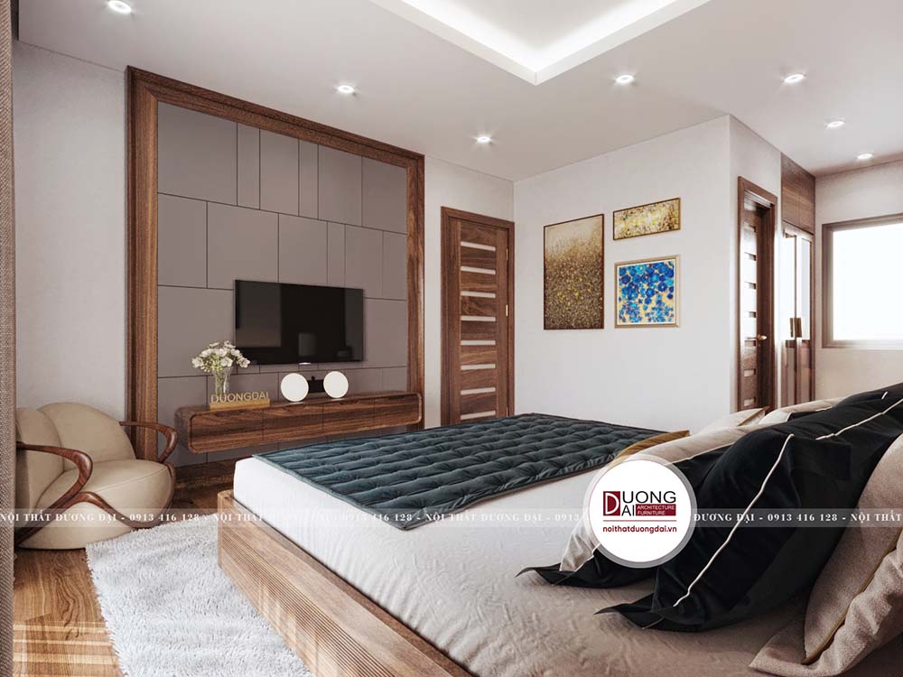 Thiết kế kệ tivi gỗ và vách tường độc đáo cho phòng ngủ.