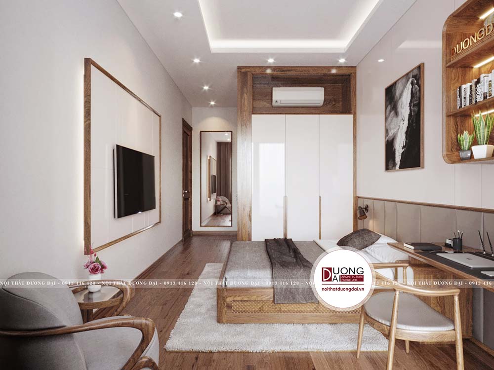 Bài trí phòng ngủ nhỏ với nội thất kiểu dáng hiện đại đơn giản.